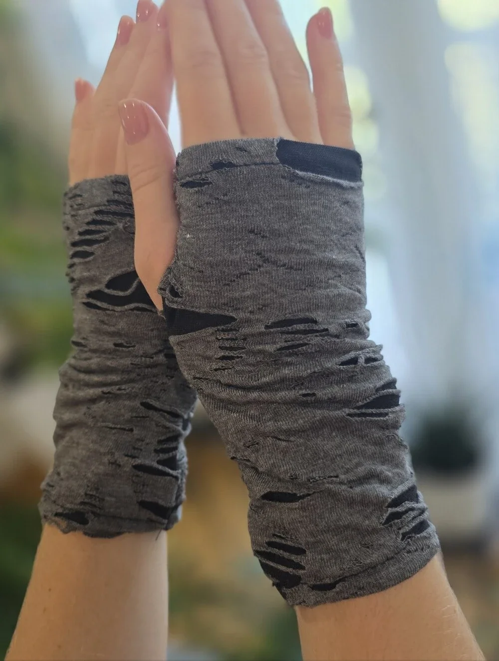 Gray Distressed Fingerless Arm Warmers Gloves Goth Grunge Punk